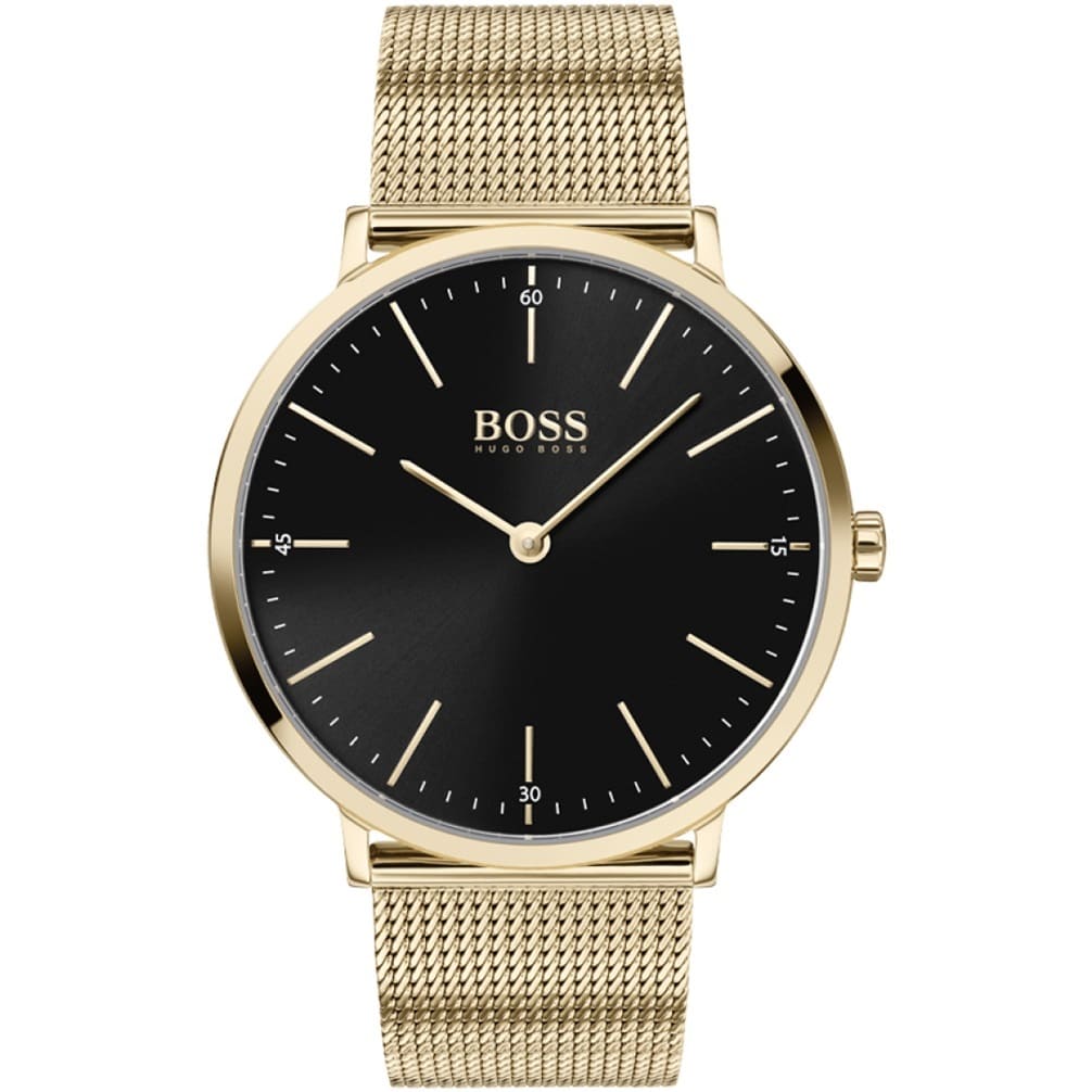 Hugo Boss Horizon men's watch with black dial, gold round case and gold mesh bracelet