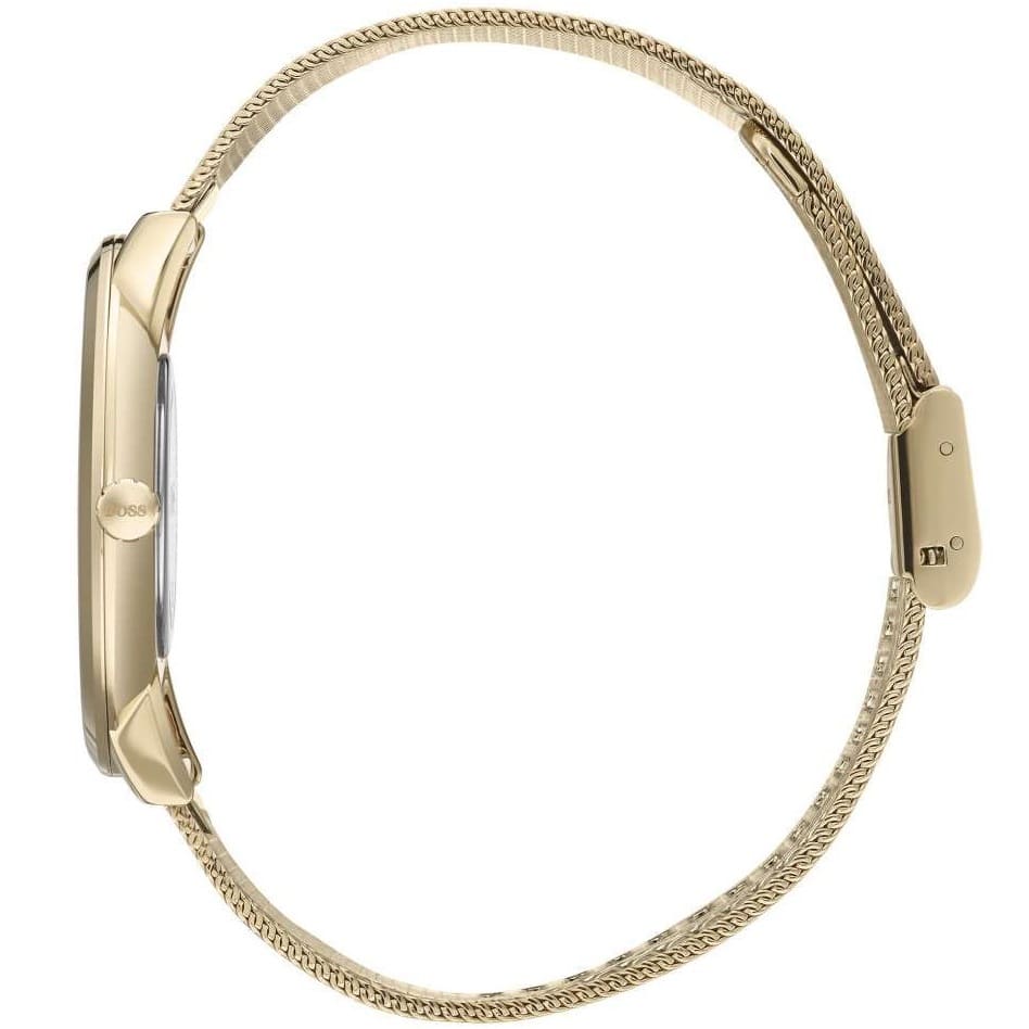 Side view of Hugo Boss Horizon watch showing round case profile and mesh bracelet
