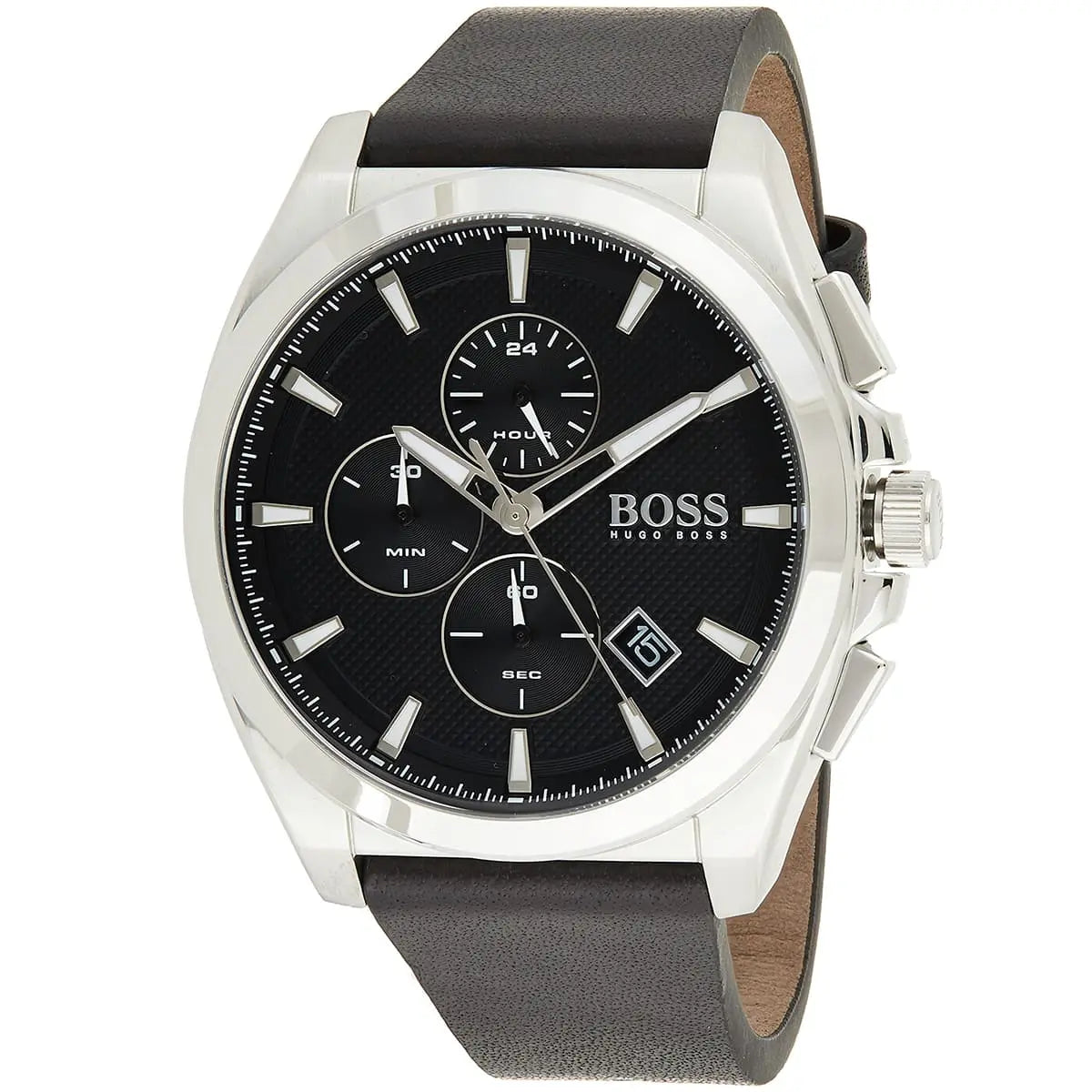 Hugo Boss Grandmaster chronograph watch face with black dial and silver case