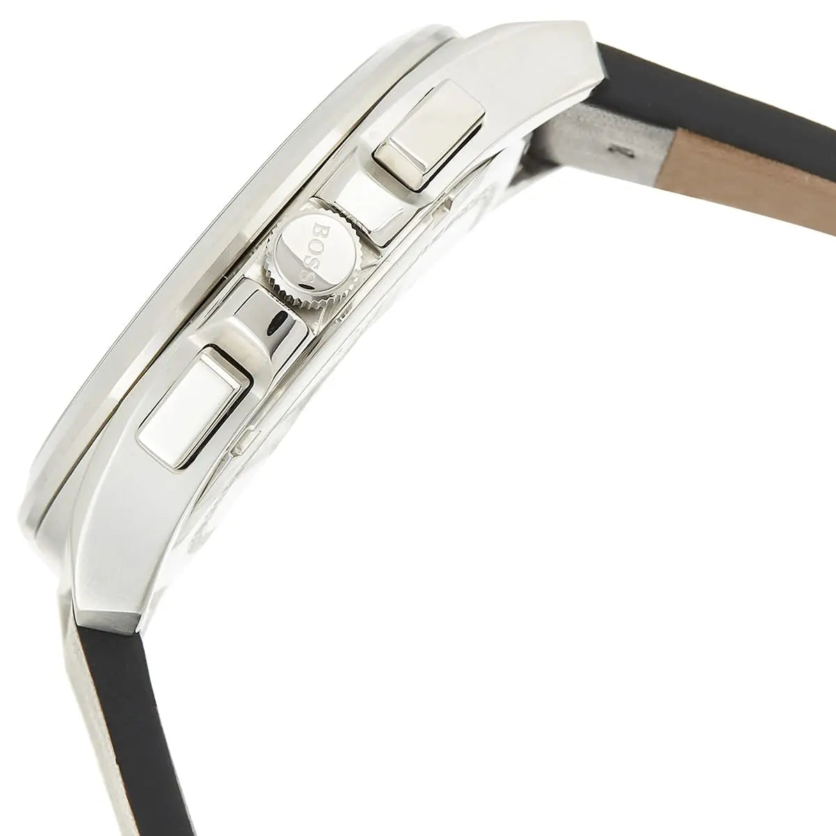 Hugo Boss Grandmaster watch side profile showing case thickness and chronograph pushers