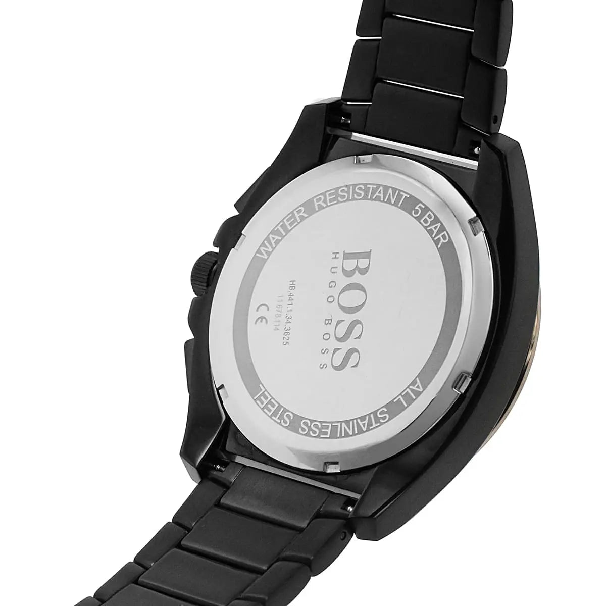 Hugo Boss Grandmaster watch shown from side with black stainless steel bracelet