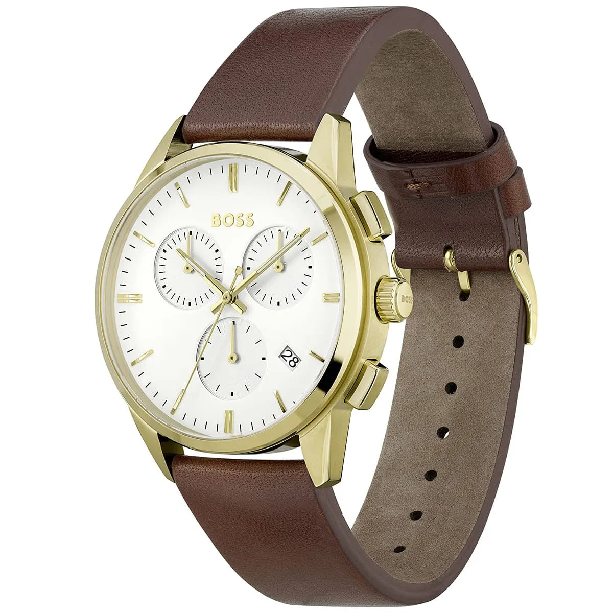Hugo Boss Dapper watch shown at angle with brown leather strap and gold-tone case visible