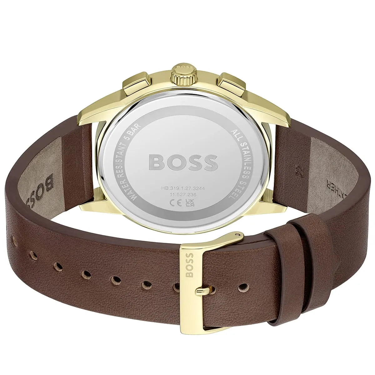 Hugo Boss Dapper watch caseback showing brown leather strap with buckle and dial reverse