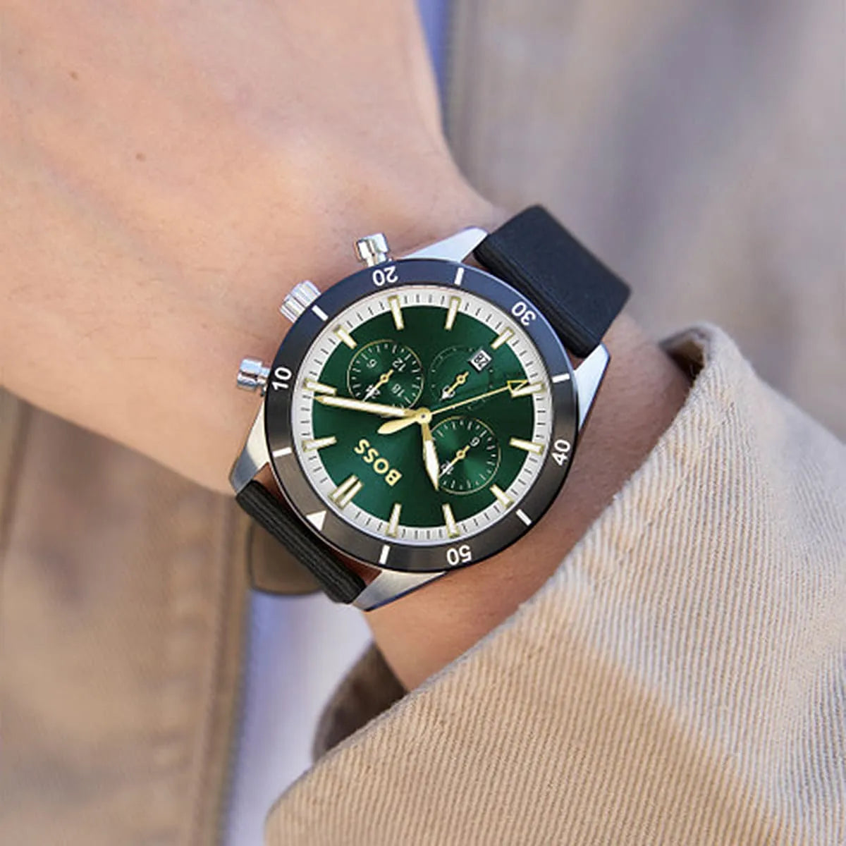 Hugo Boss Santiago Chronograph 44mm Green Dial Black Textile Strap Men's Watch - 1513936