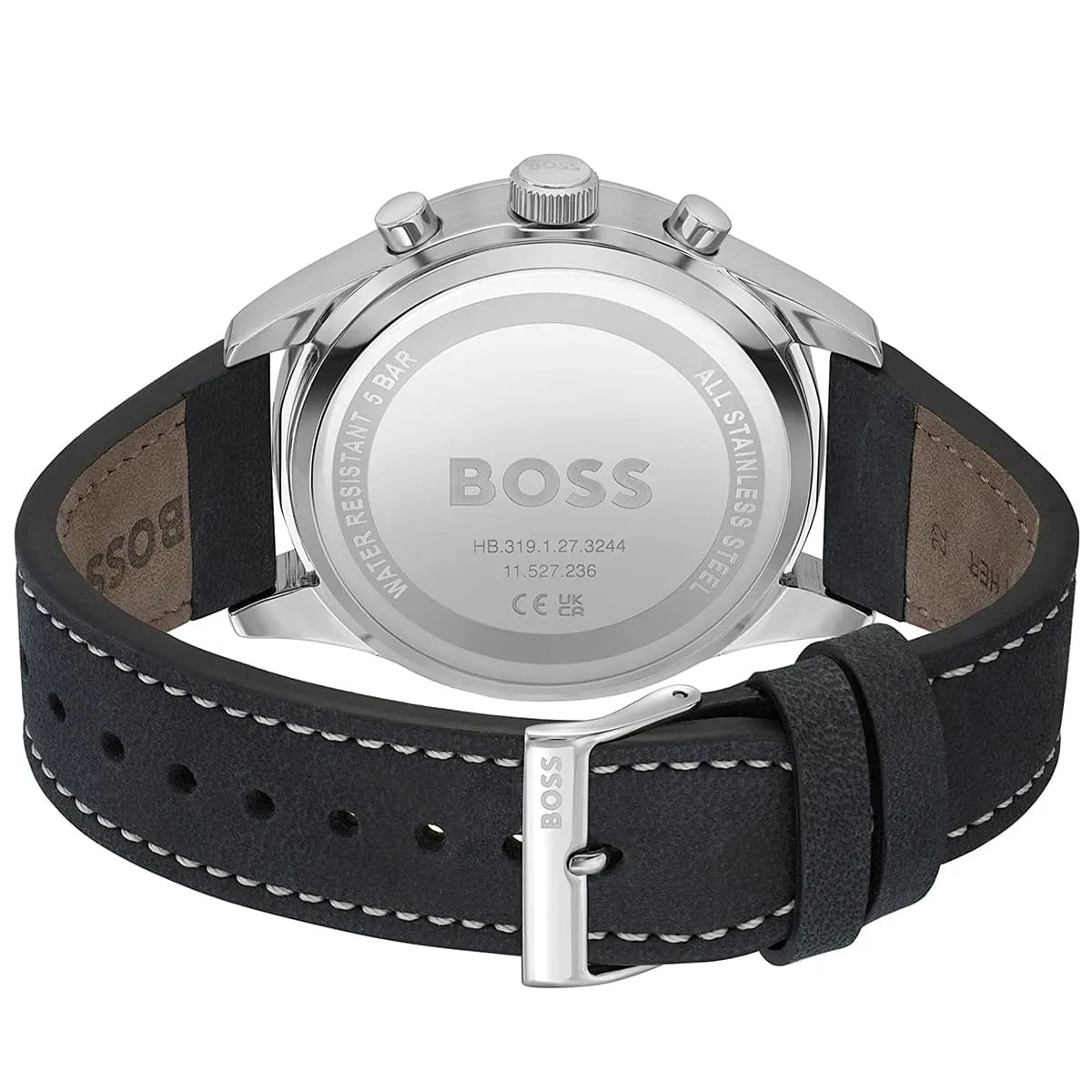 Hugo Boss View watch caseback showing stainless steel case and model specifications