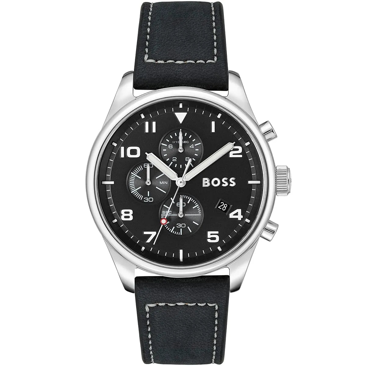 Hugo Boss View black dial chronograph men's watch with stainless steel case and black leather strap