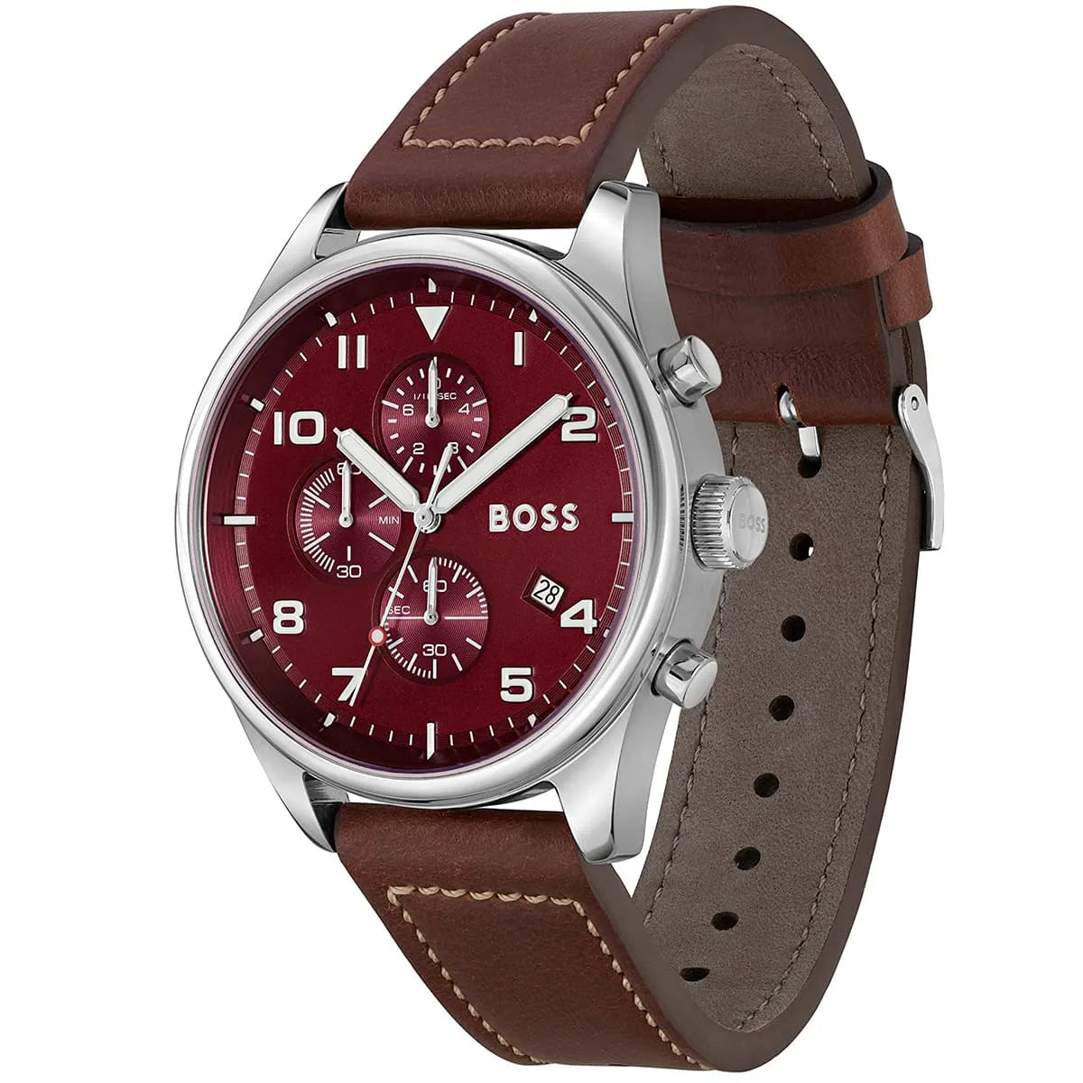 Hugo Boss 1513988 three-subdial chronograph watch at angle showing burgundy face and brown strap