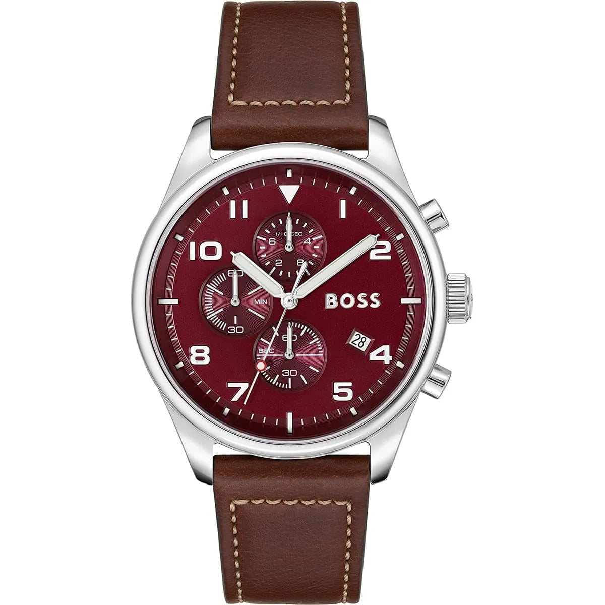 Hugo Boss 1513988 men's chronograph watch with burgundy dial and brown leather strap