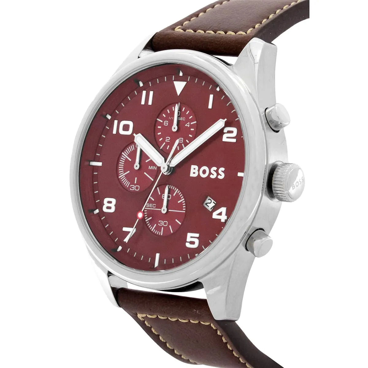 Hugo Boss 1513988 chronograph watch side profile showing silver case and brown leather strap