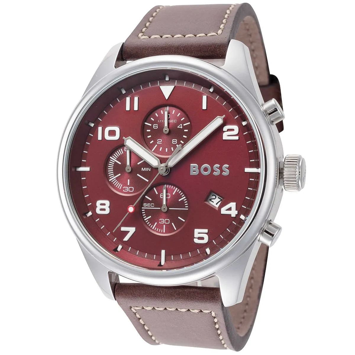 Hugo Boss 1513988 watch side view showing chronograph pushers and burgundy dial face