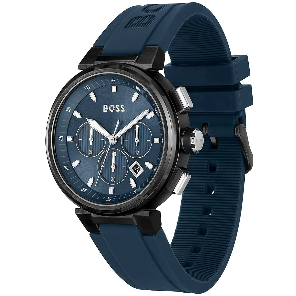 Hugo Boss P-Lux chronograph watch displayed at angle showing blue rubber strap and grey IP case