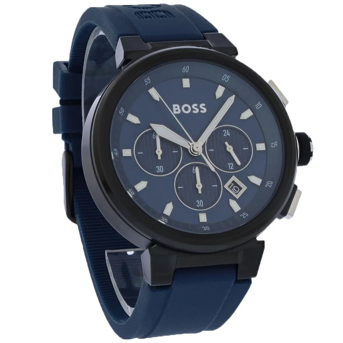 Side view of Hugo Boss P-Lux chronograph watch with blue rubber strap and grey IP case