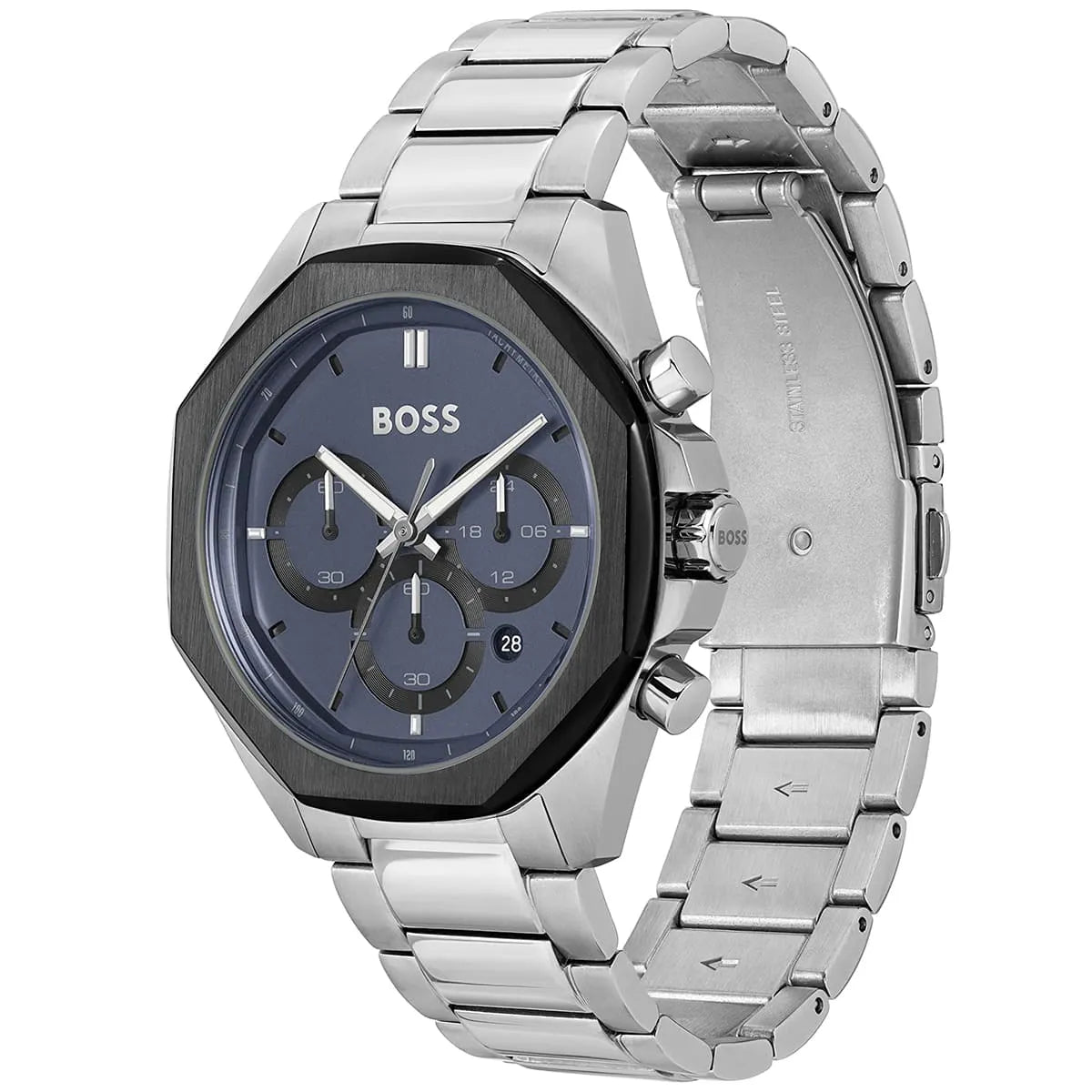 Hugo Boss Cloud chronograph watch with stainless steel bracelet shown from side angle