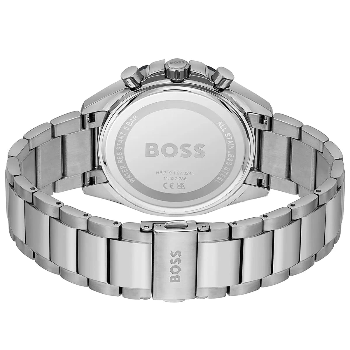 Hugo Boss Cloud chronograph watch caseback showing stainless steel with brand engraving