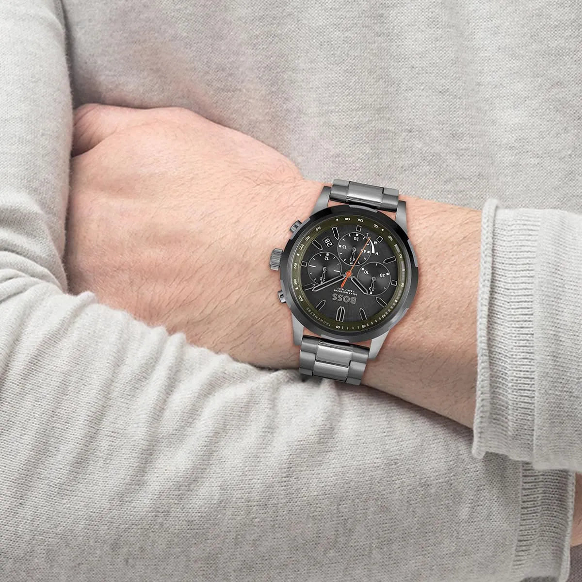 Hugo Boss Solgrade chronograph watch worn on wrist showing black dial and steel bracelet