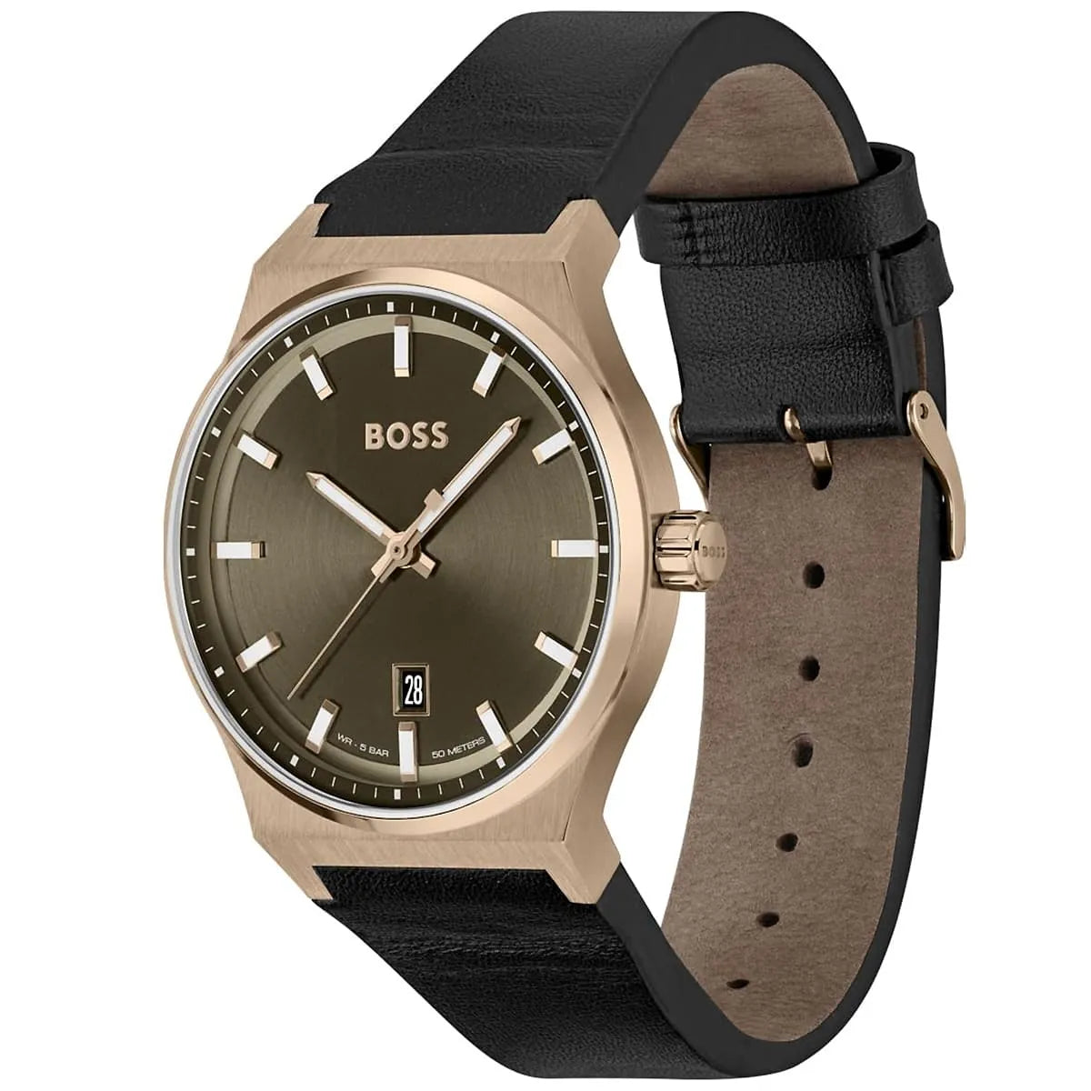 Hugo Boss Candor watch showing three-hand movement, date window, and black leather strap detail