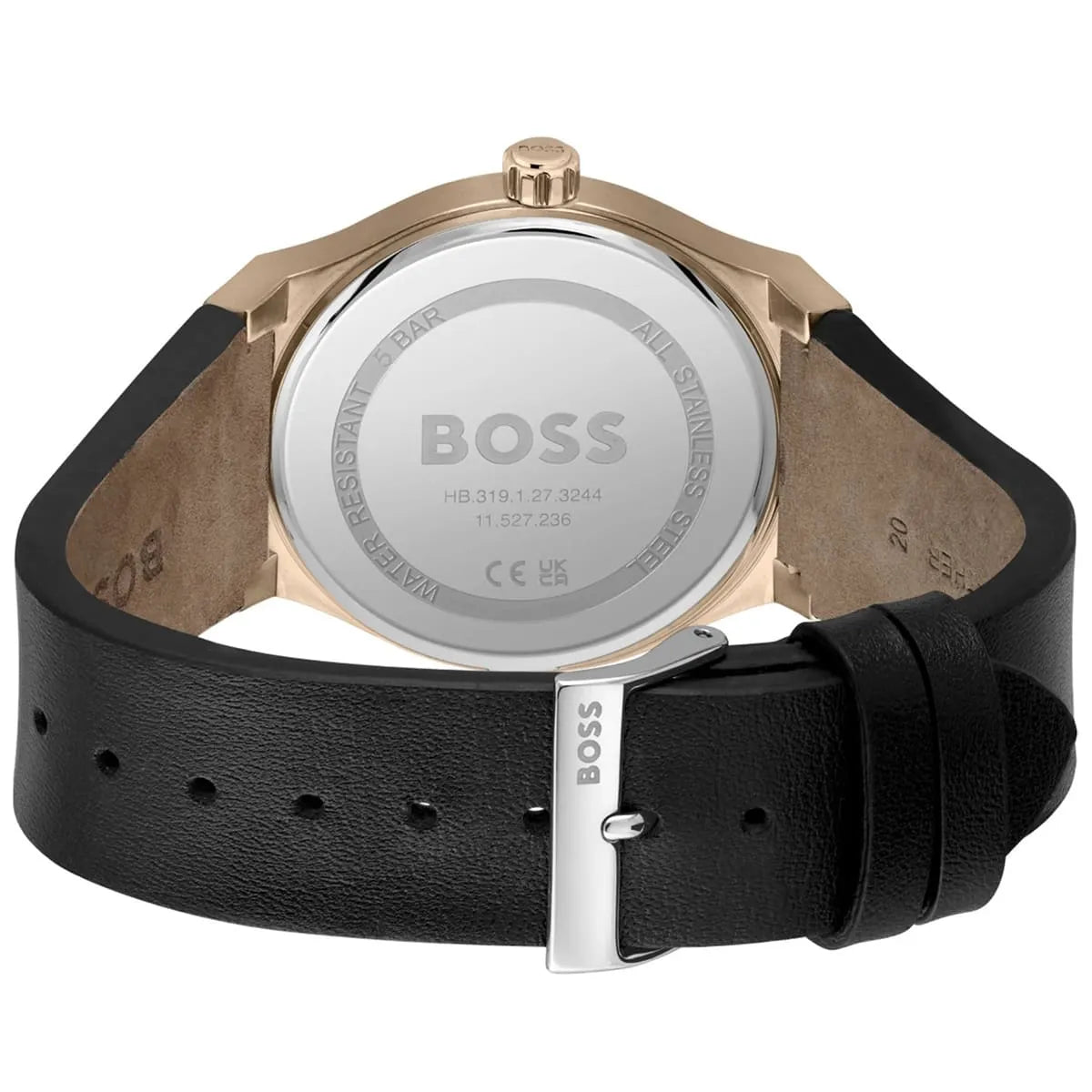 Hugo Boss Candor watch caseback with BOSS branding and specifications engraved