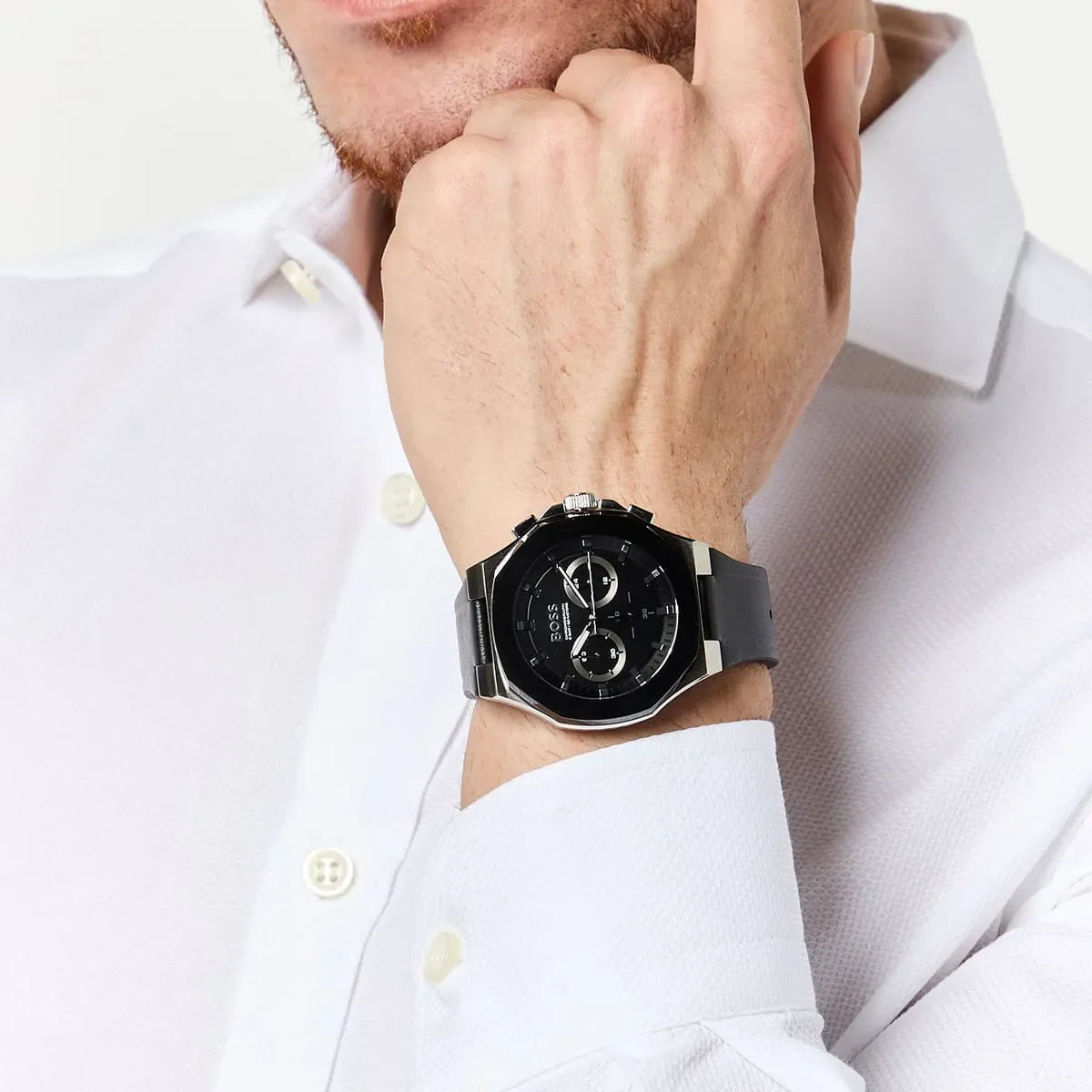 Hugo Boss Skymaster men's chronograph watch on wrist with white shirt