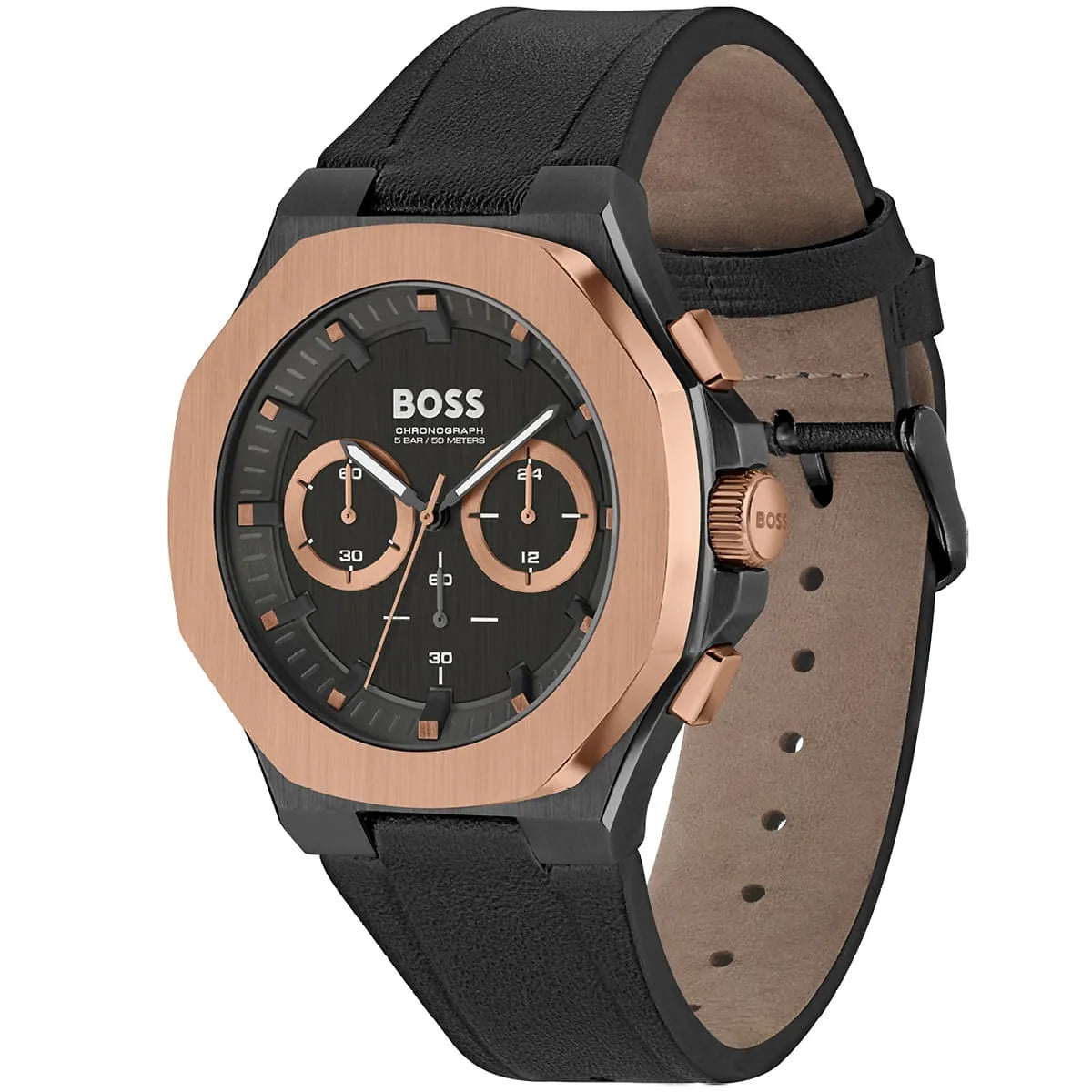 Hugo Boss Taper chronograph displaying black dial with rose gold subdials and leather strap