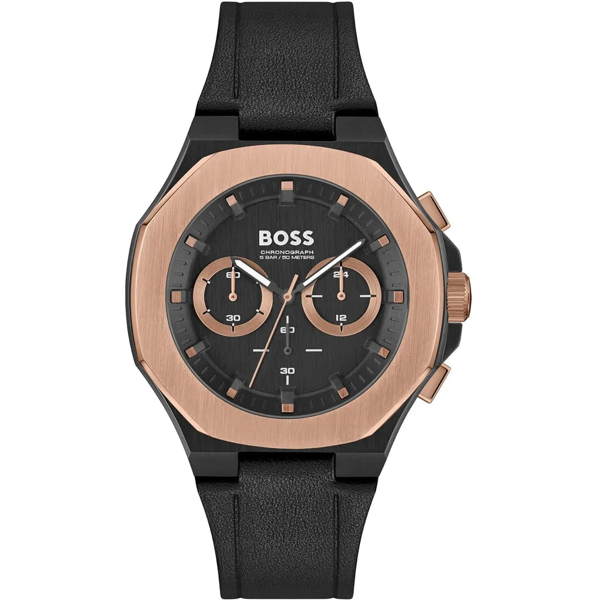Hugo Boss Taper chronograph watch with black dial and rose gold bezel on black strap
