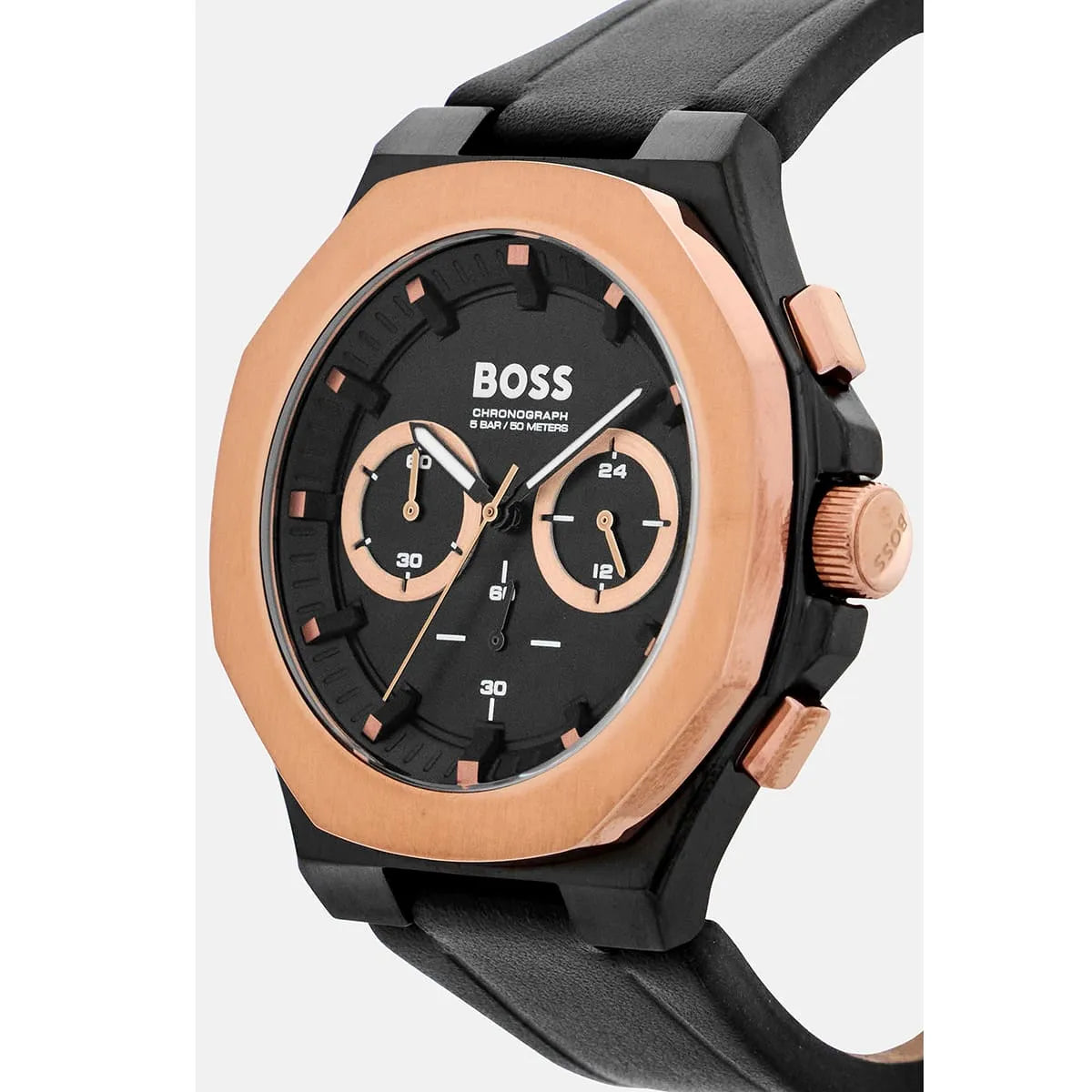 Side view of Hugo Boss Taper chronograph showing rose gold case and black leather strap