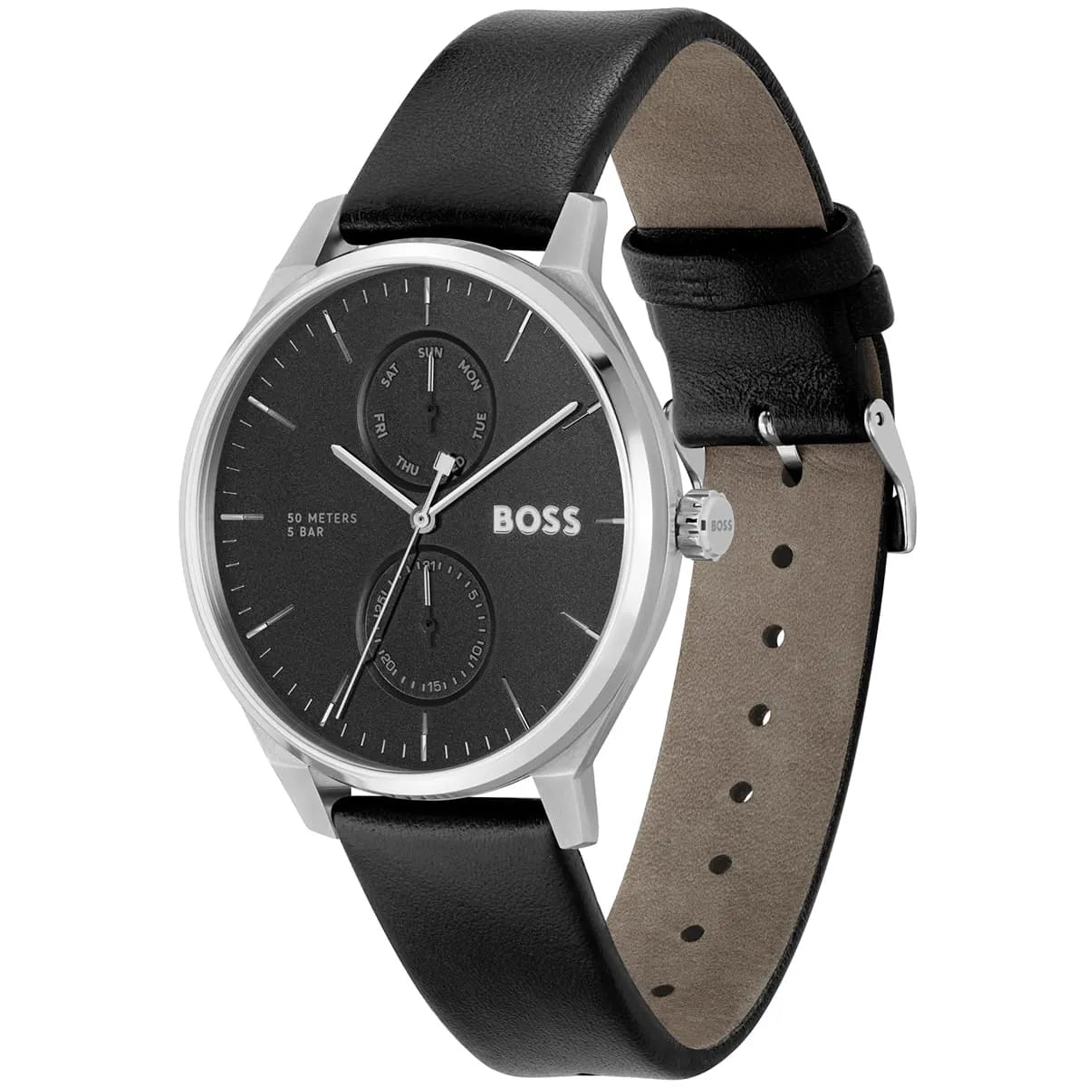 HUGO BOSS watch side view showing black leather strap with buckle and chronograph subdials on black dial