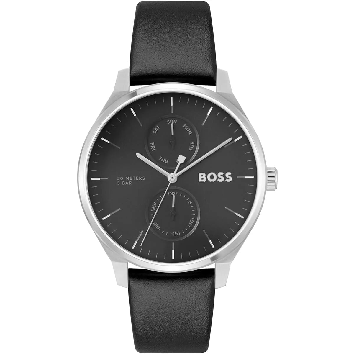 HUGO BOSS quartz chronograph men's watch with black dial, stainless steel case and black leather strap