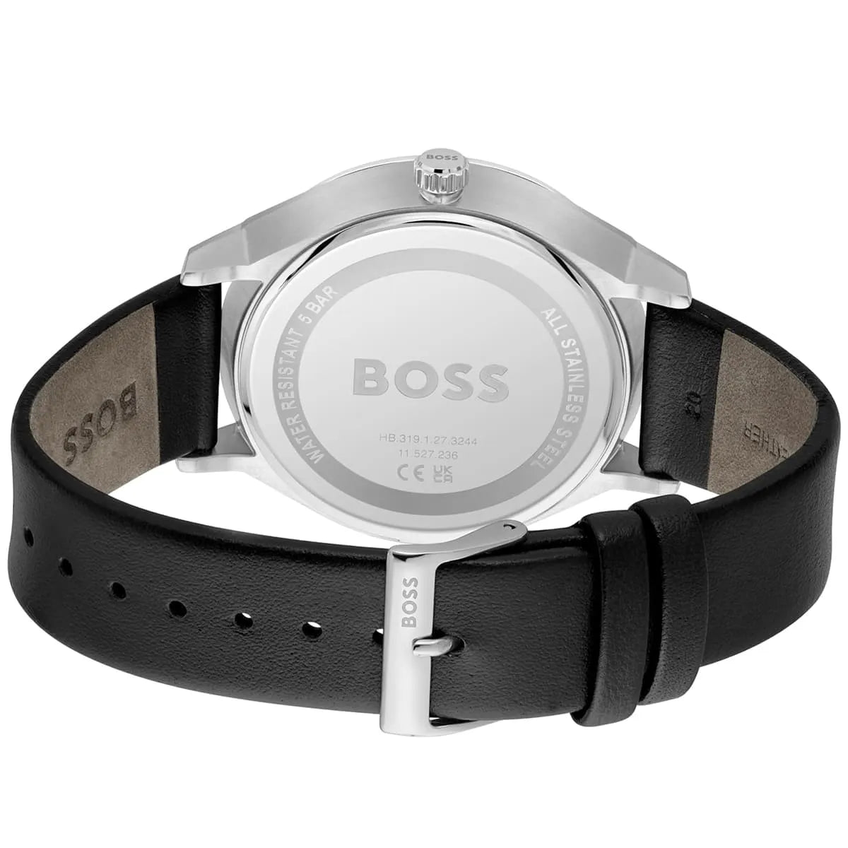 HUGO BOSS watch caseback showing stainless steel case and 30 meters water resistance marking