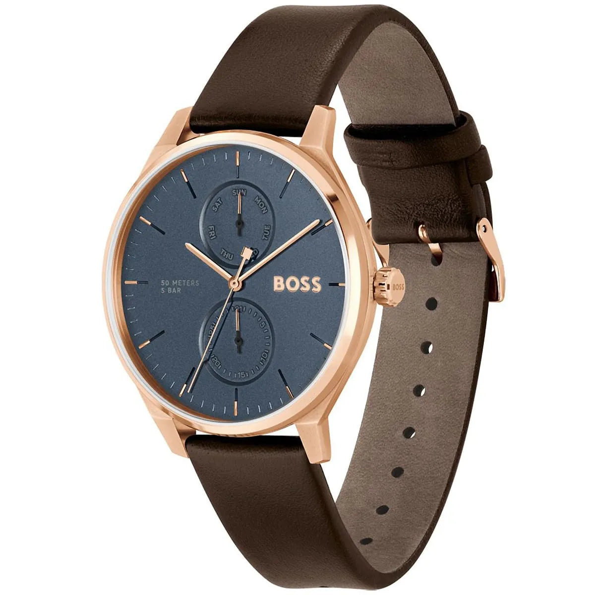 Hugo Boss Tyler watch side view showing brown leather strap with rose gold buckle and subdials
