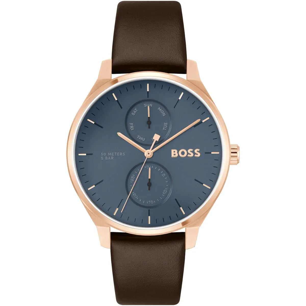 Hugo Boss Tyler quartz men's watch with blue dial, rose gold case, and brown leather strap