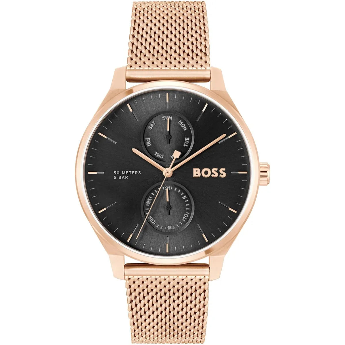 Hugo Boss Tyler black dial rose gold mesh watch front view
