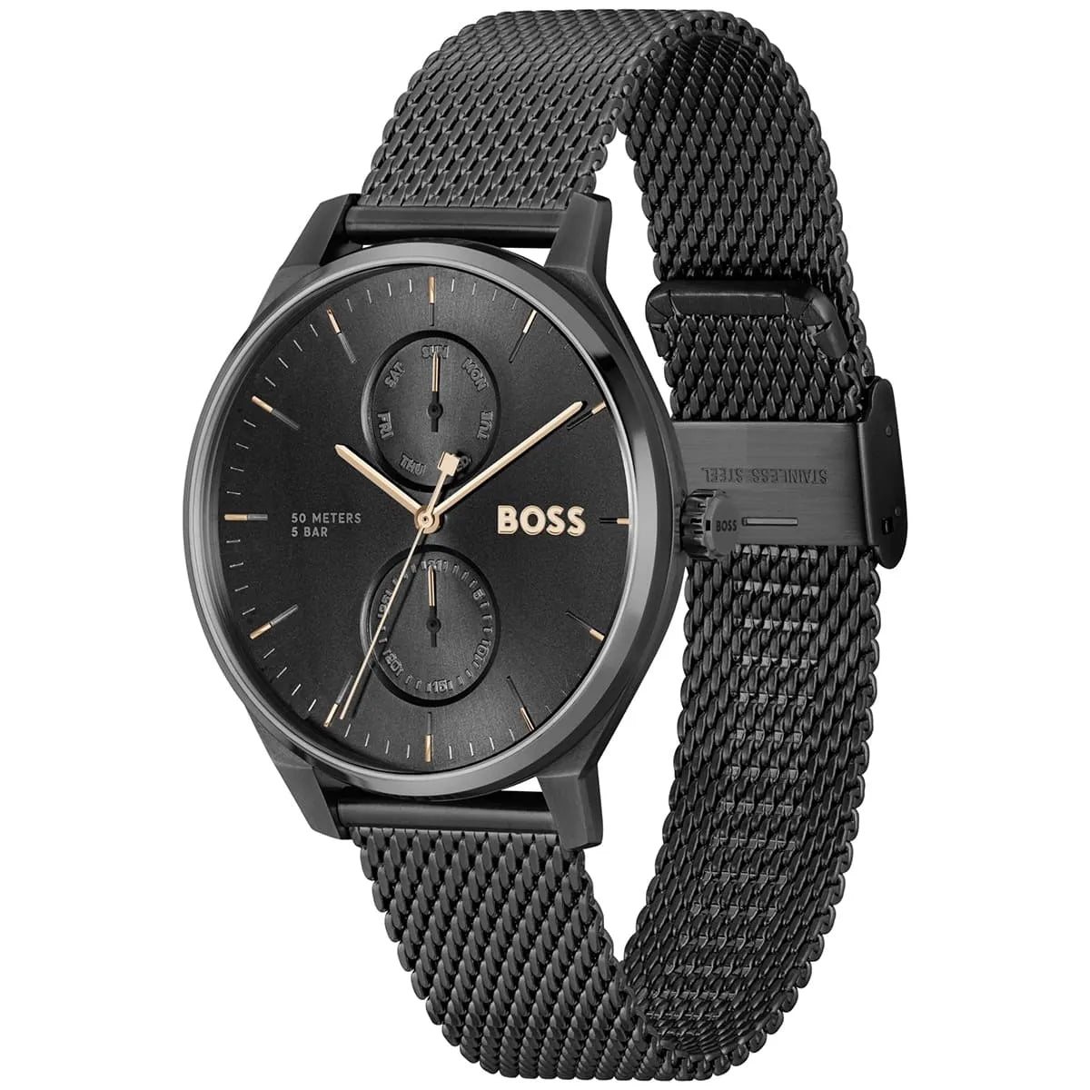 Hugo BOSS chronograph watch at angle showing black dial with two subdials and mesh bracelet
