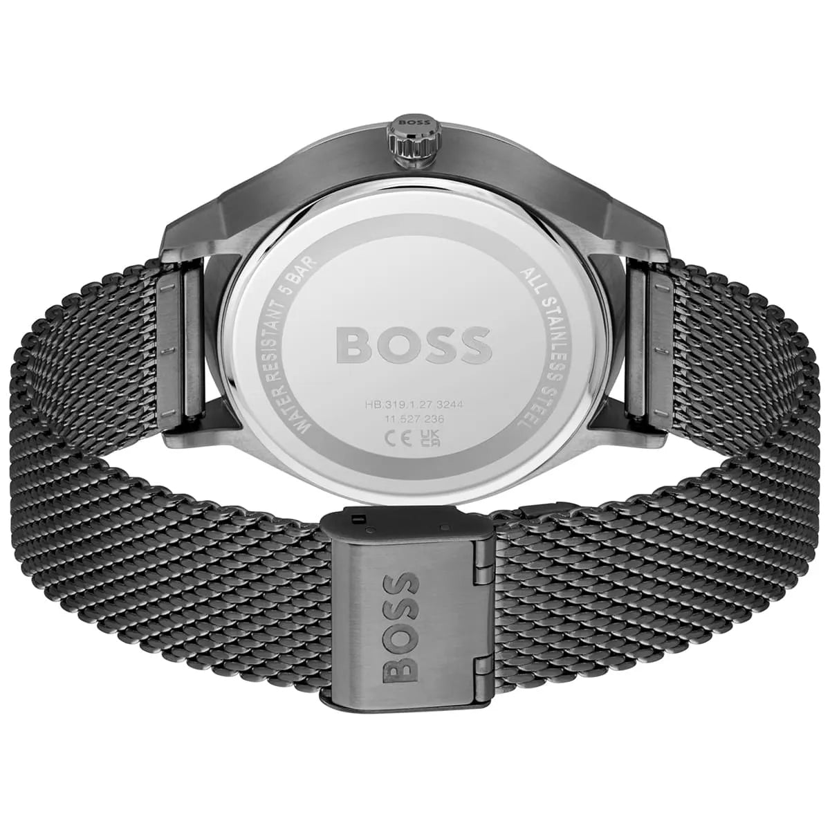 Hugo BOSS watch caseback showing engraved branding and stainless steel construction
