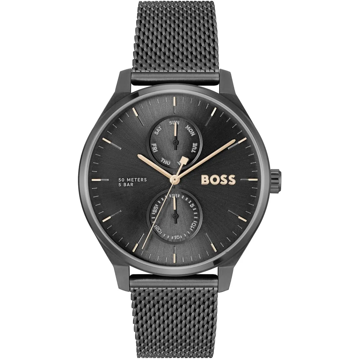 Hugo BOSS quartz chronograph watch with black dial, dual subdials, and stainless steel mesh strap