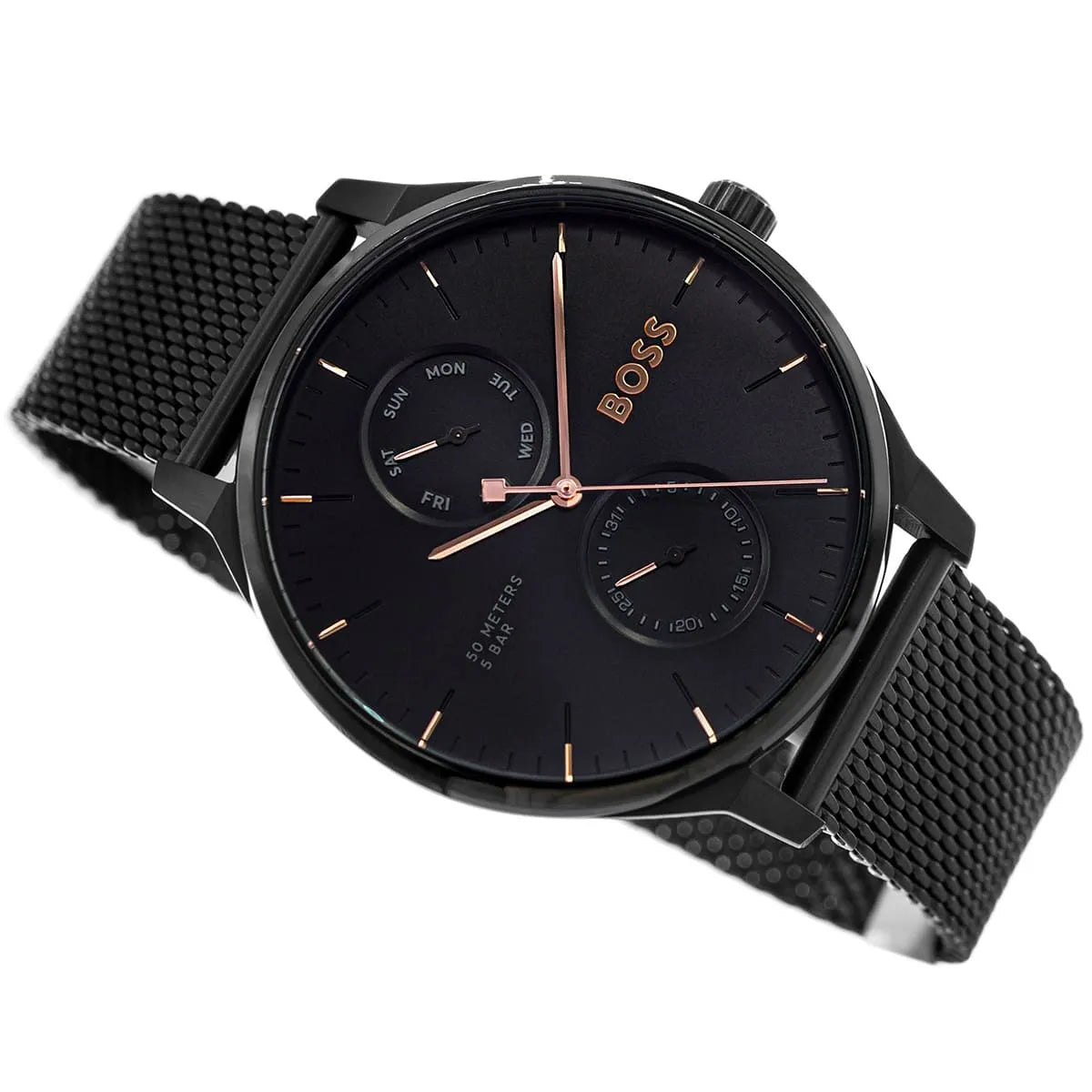 Hugo BOSS quartz chronograph watch with dual subdials and stainless steel mesh bracelet