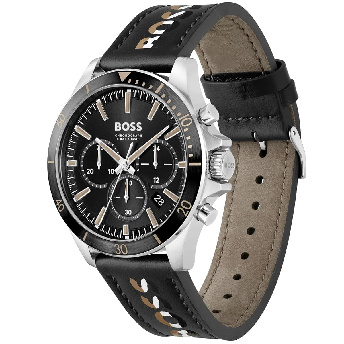 Hugo Boss Troper chronograph watch with stainless steel case, black dial and leather strap side view