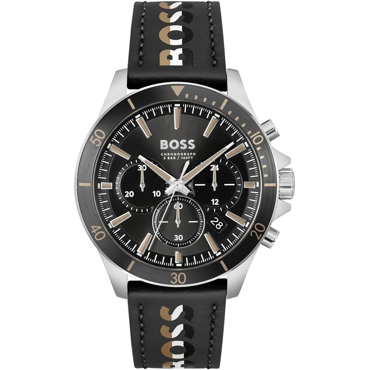 Hugo Boss Troper chronograph men's watch with black dial and black leather strap
