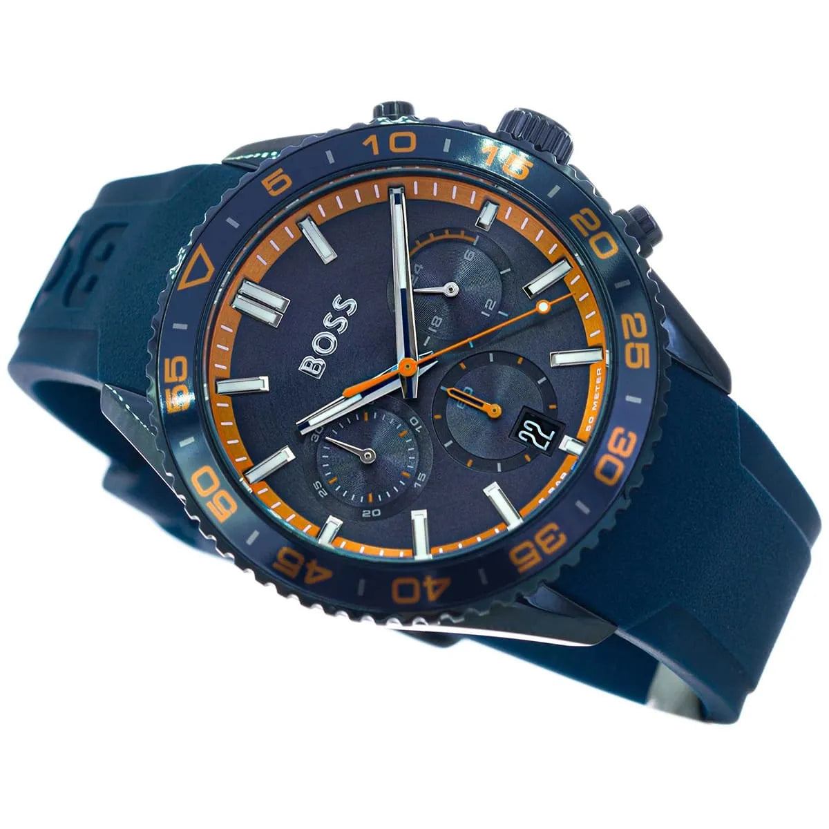 Hugo Boss Runner chronograph with blue dial, white hour markers, and orange accents on bezel