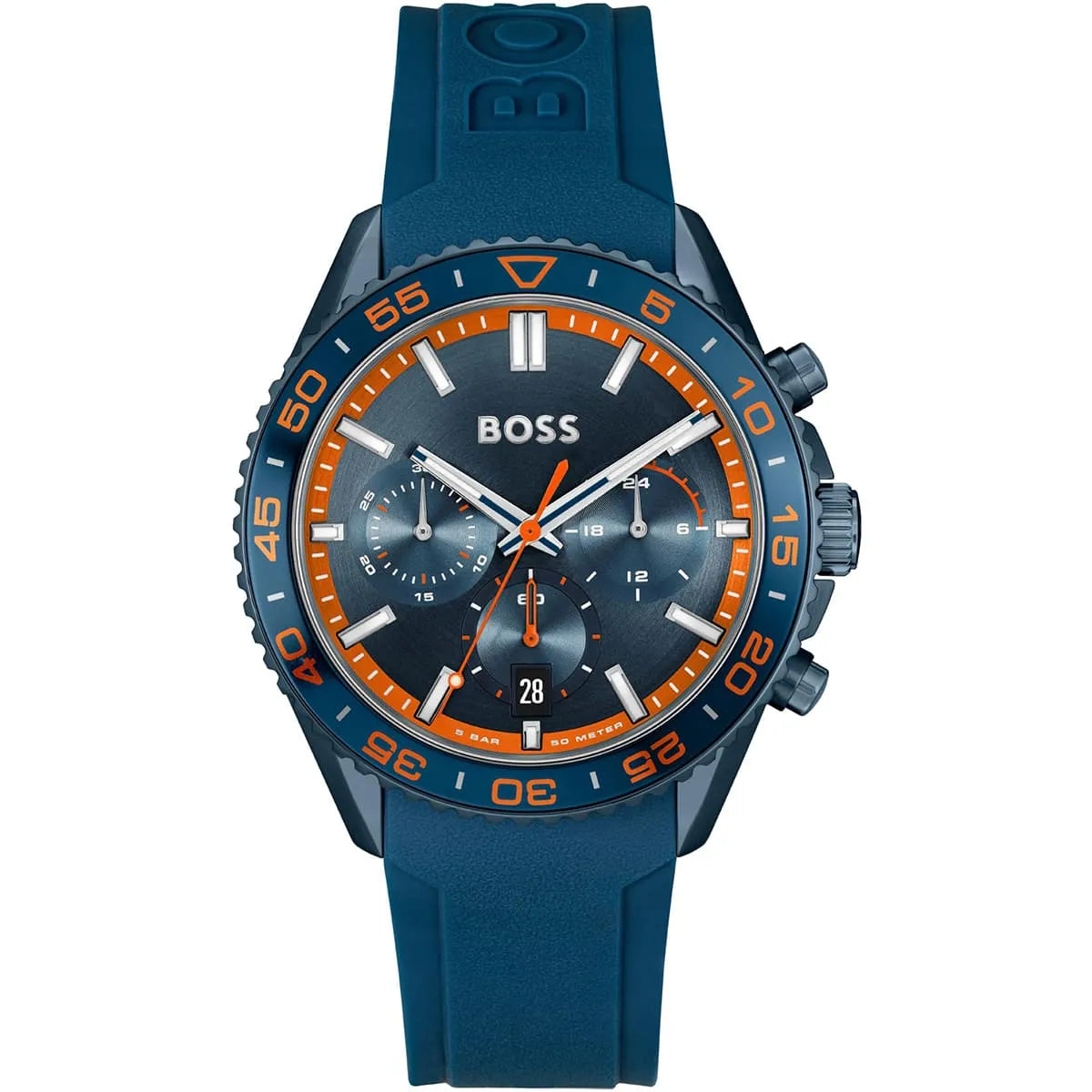 Hugo Boss Runner chronograph watch with blue dial, orange bezel, and blue silicone strap