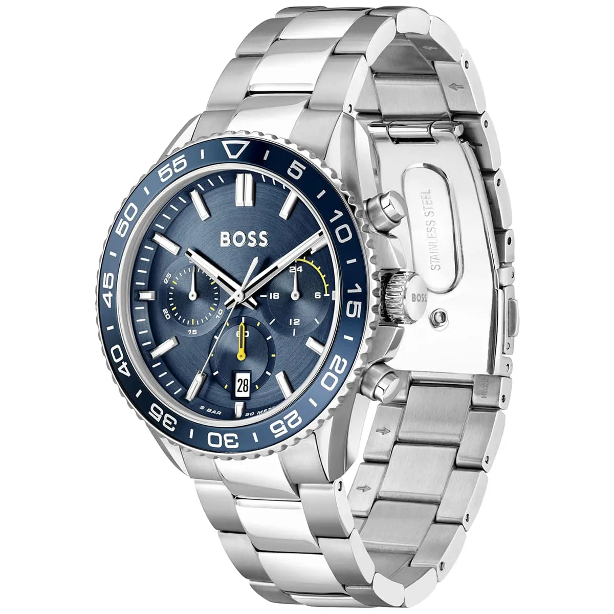 Hugo Boss Runner chronograph watch side angle view showing blue bezel and steel bracelet