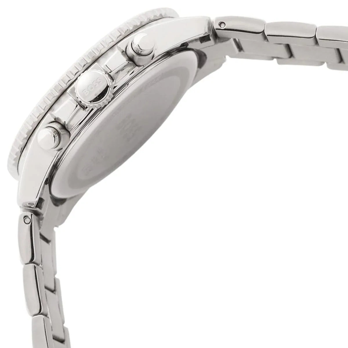 Hugo Boss Runner watch side profile showing chronograph pushers and stainless steel case