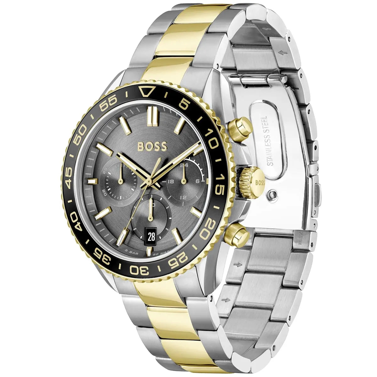 Hugo Boss Runner Chronograph side angle view showing two-tone silver and gold metal band