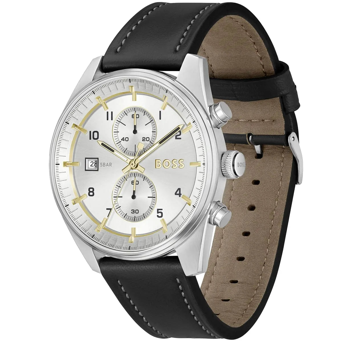 Hugo Boss Skymaster watch angled view showing dial, leather strap, and tan suede interior
