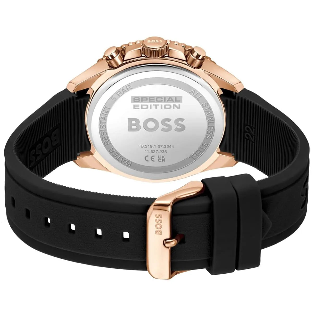 Hugo Boss Runner watch caseback with special edition branding and specifications engraved