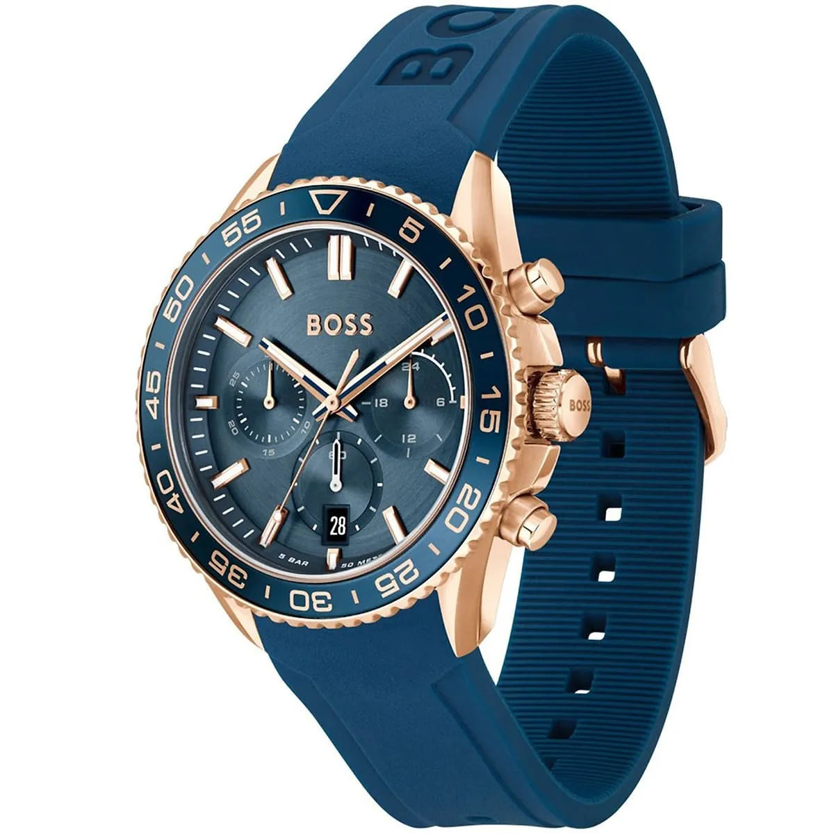 Hugo Boss Runner watch side view showing rose gold case, chronograph pushers and blue strap