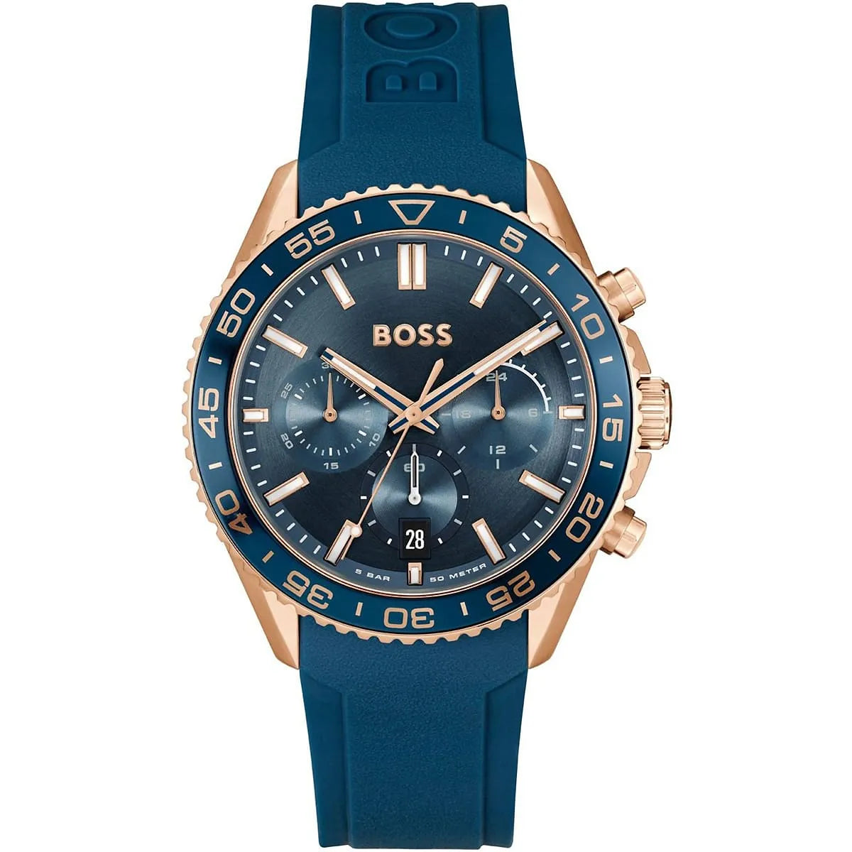 Hugo Boss Runner chronograph watch with blue dial, rose gold case and blue silicone strap
