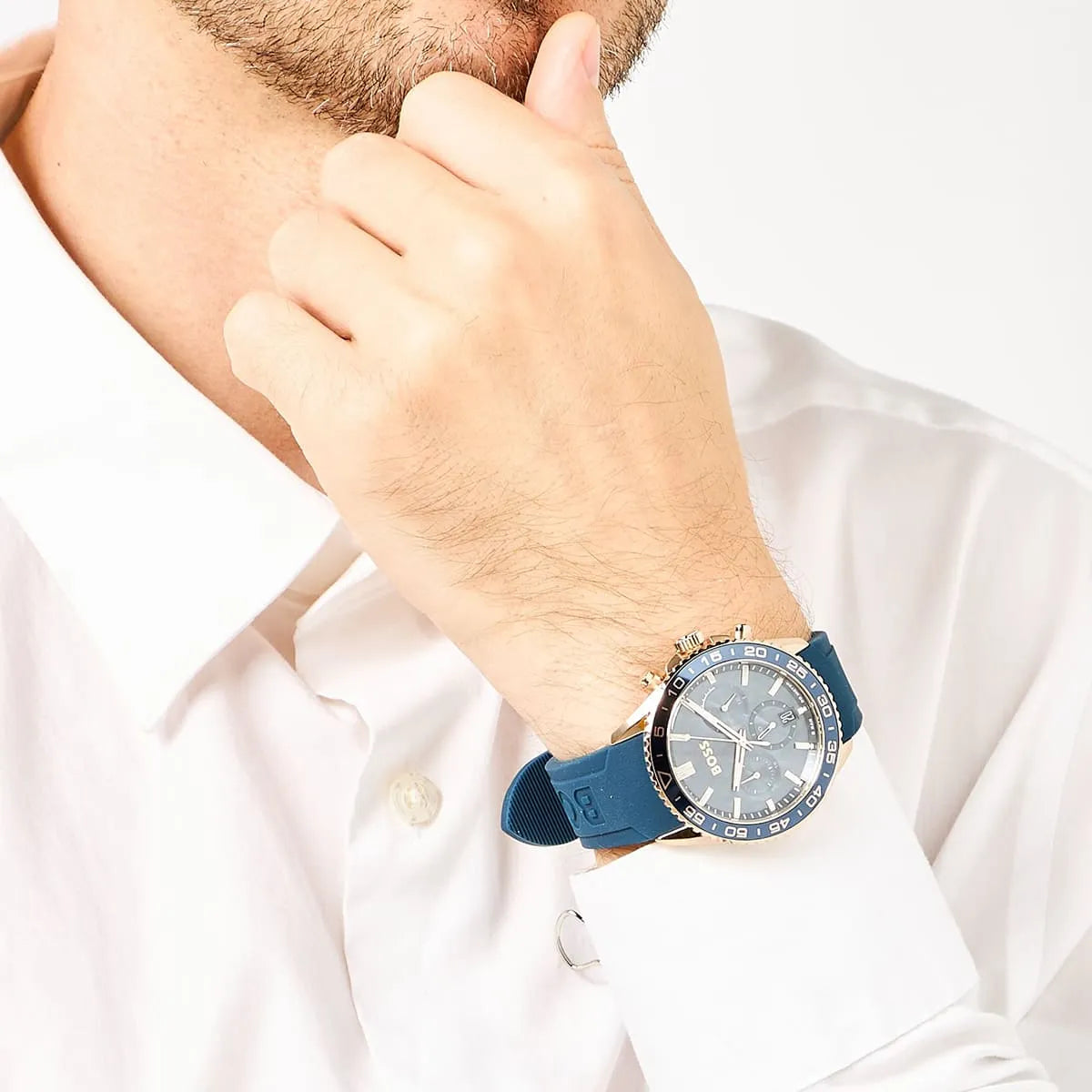 Hugo Boss Runner chronograph watch worn on wrist with blue dial and strap visible