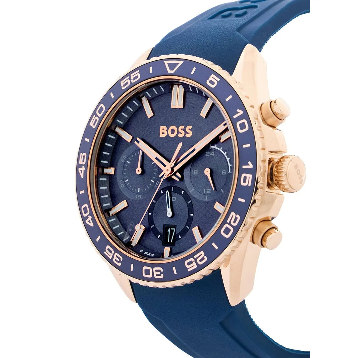 Hugo Boss Runner chronograph watch side profile with rose gold case and blue silicone strap