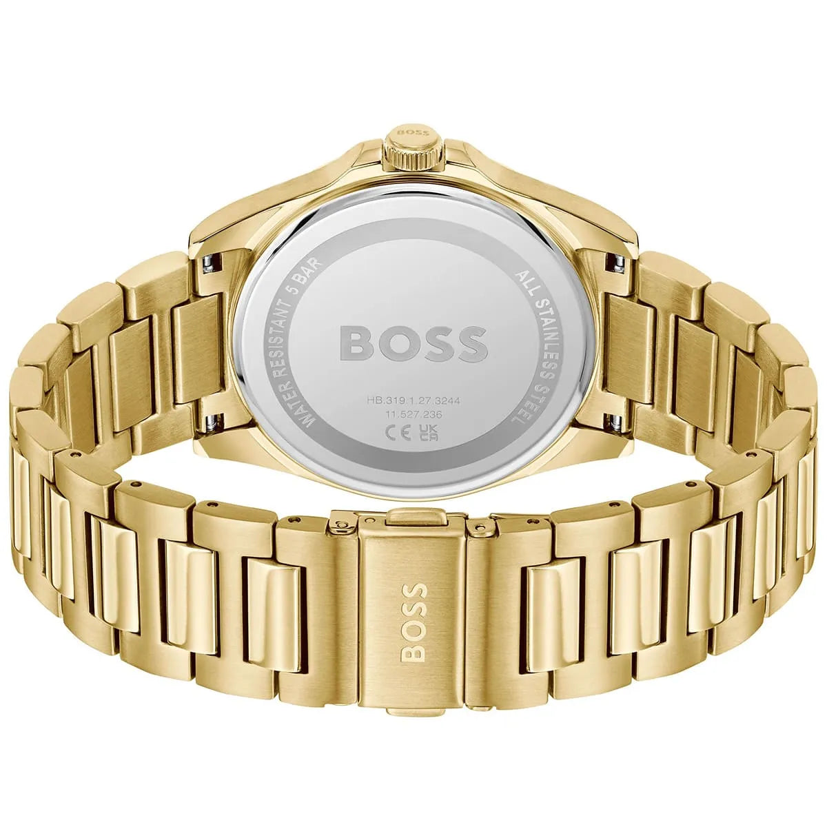 Hugo Boss Strike caseback showing stainless steel back and gold bracelet