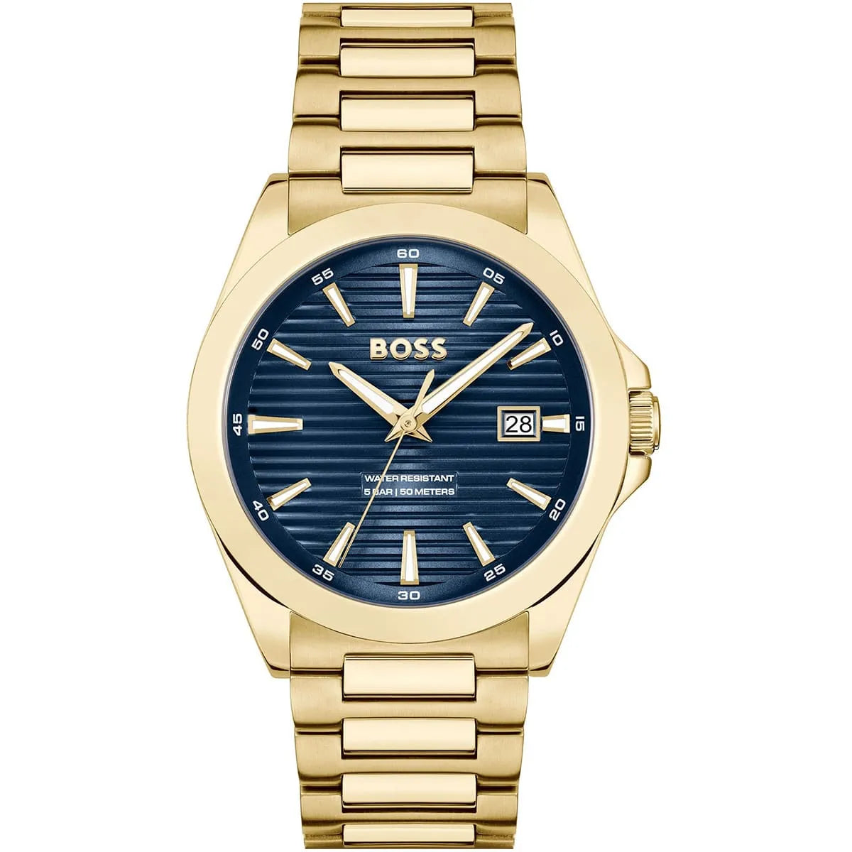 Hugo Boss Strike men's watch with blue dial, gold steel case and bracelet, date window
